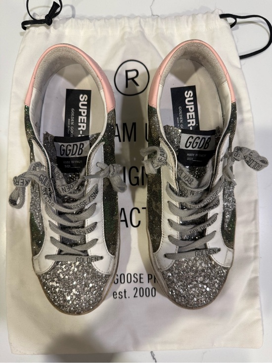 Golden Goose Shoes - Golden Goose Glitter Silver Sneakers with Pink Heel Tab